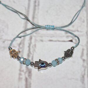 Blue cord silver beaded Hamsa Hand Bracelet Adjustable
